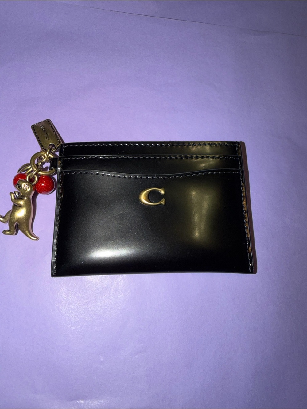 Coach Spazzolato Leather Card Case w/ Cherry Dino Charm 🍒✨